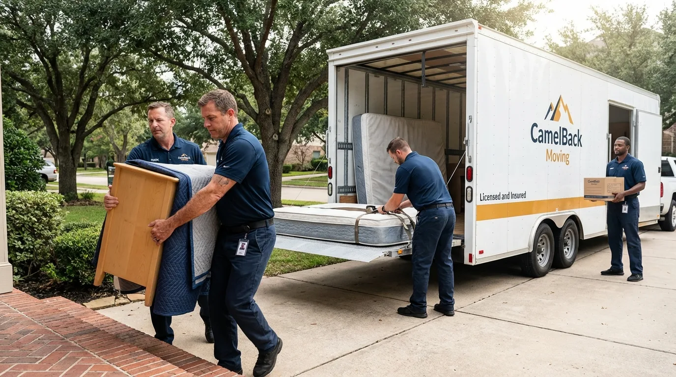 Crew loading residential truck for cross-state move from Sauk City, WI