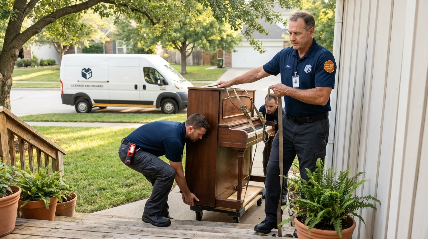 Licensed piano movers securing grand piano in Sauk City, WI