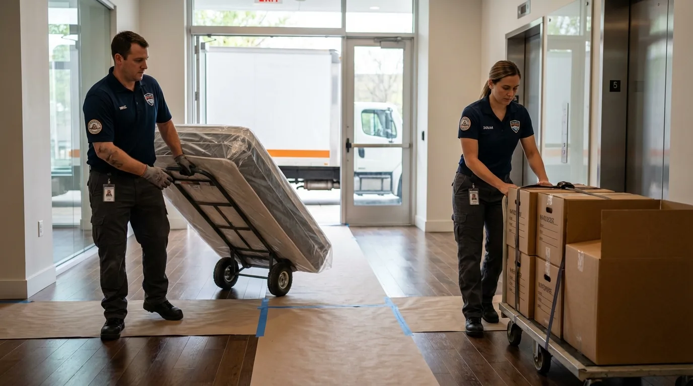 Professional apartment movers loading elevator in Sauk City, WI