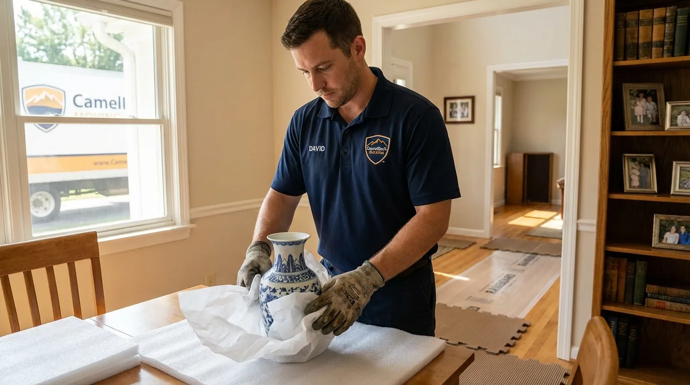 Professional crew carefully wrapping antique vase for senior downsizing move in Sauk City, WI