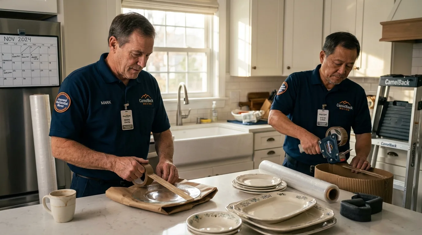 Professional crew packing kitchen dishware in Sauk City, WI